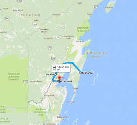 Map of Mahahual to Chetumal, Mexico