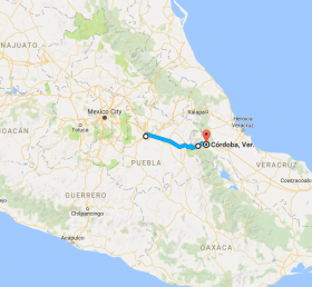 Map of route from Puebla to Cordoba, Mexico