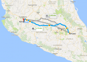 Puebla, Mexico, to Ajijic map